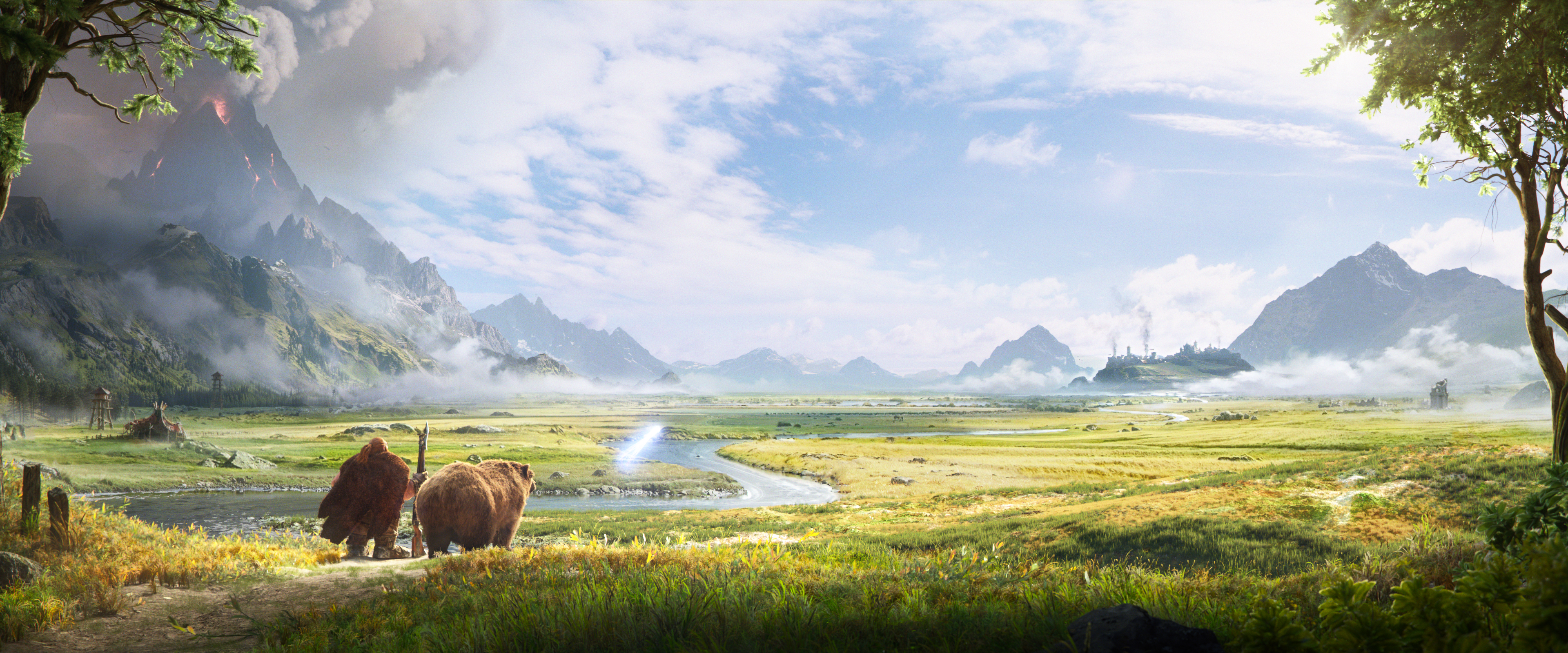 A World of Warcraft Dwarf, and his bear looking over the horizon of a grassy field and path. Led by a small blue wisp.
