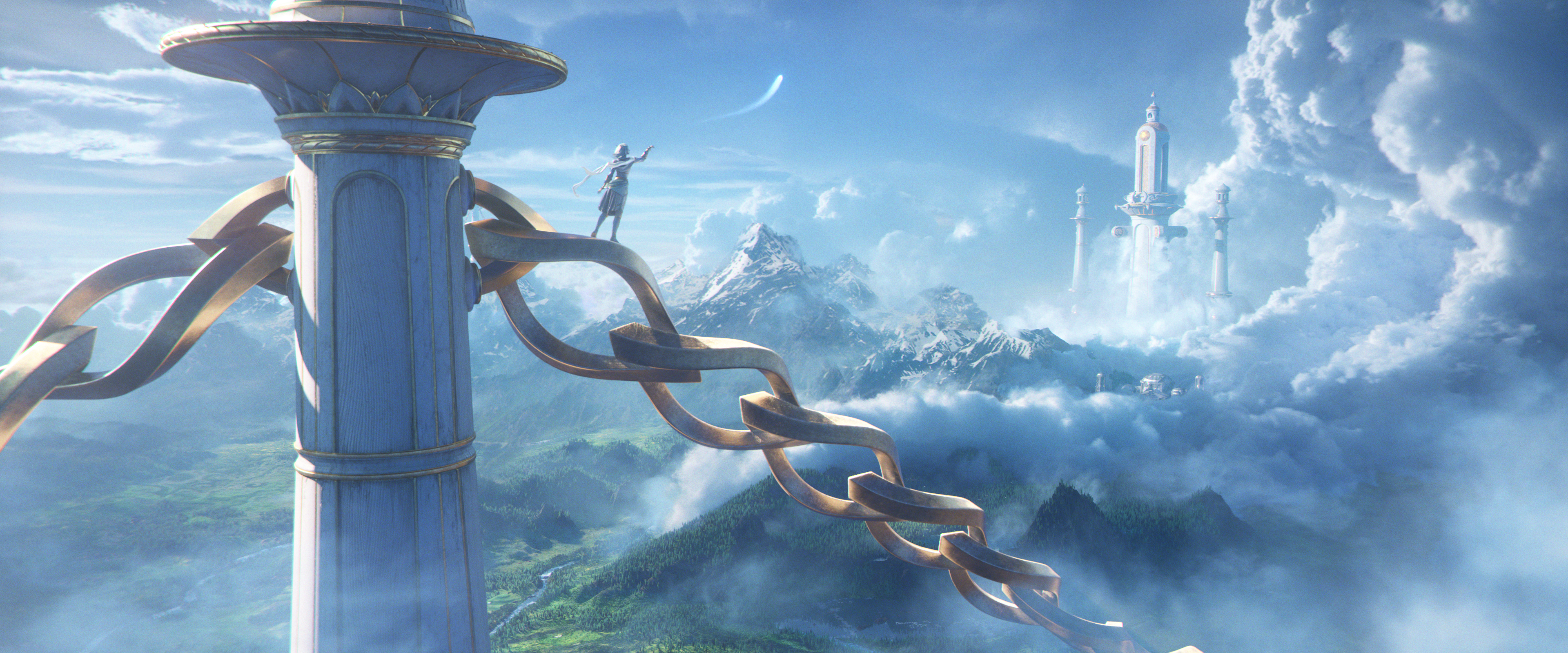 An still iamge of the World of Warcraft: Forever cinematic trailer. It depicts a skyborne standing atop a massive golden chain held up by a tower in the clouds, while a blue sprite flies off from within arms reach.